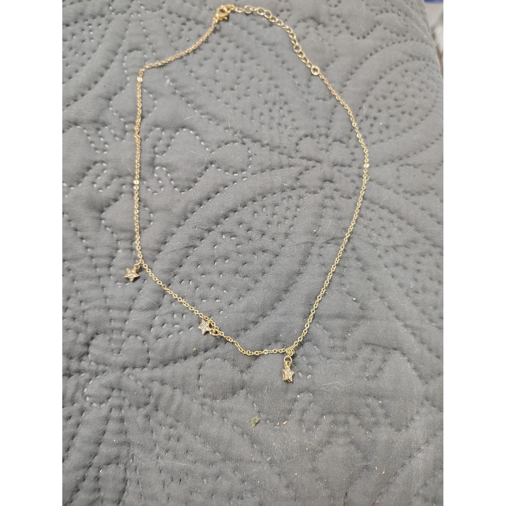 Gold Tone Star Charm Necklace Rhinestone Celestial Dainty Link Chain Adjustable